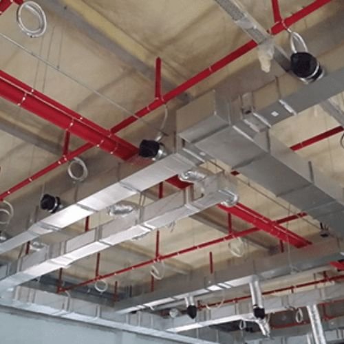 MEP works installation for ducting, fire systems, and ceiling services