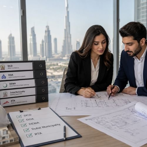 Consultants reviewing fit-out plans for Dubai Authority Approvals including DCD, DDA, DEWA, RTA and Dubai Municipality