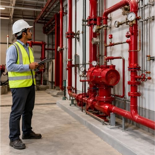 Technician inspecting equipment under an AMC for fire fighting systems
