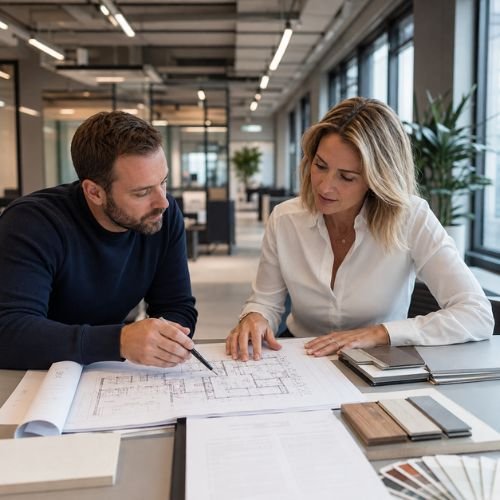 Client reviewing office project plans with an office fit out contractor