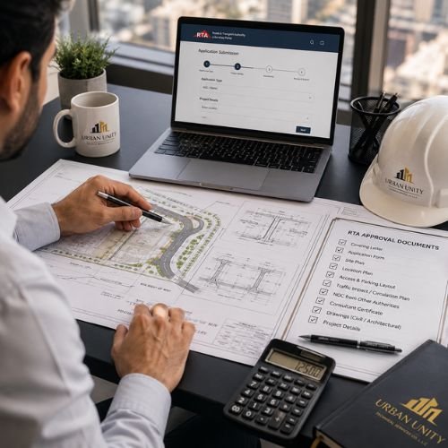 Consultant reviewing RTA approval documents and drawings in Dubai