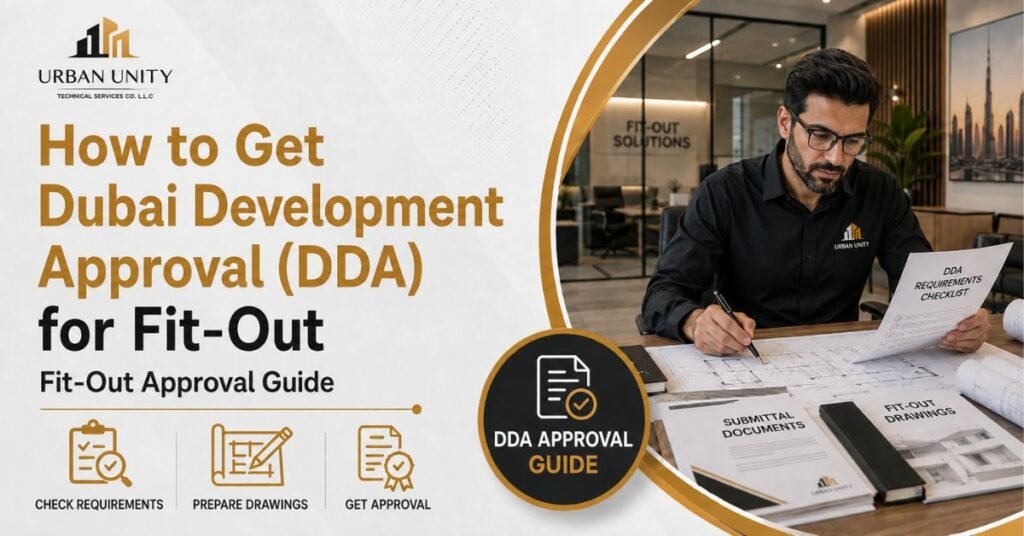 Dubai Development Approval (DDA) fit-out guide by Urban Unity showing drawings, requirements, and approval process.