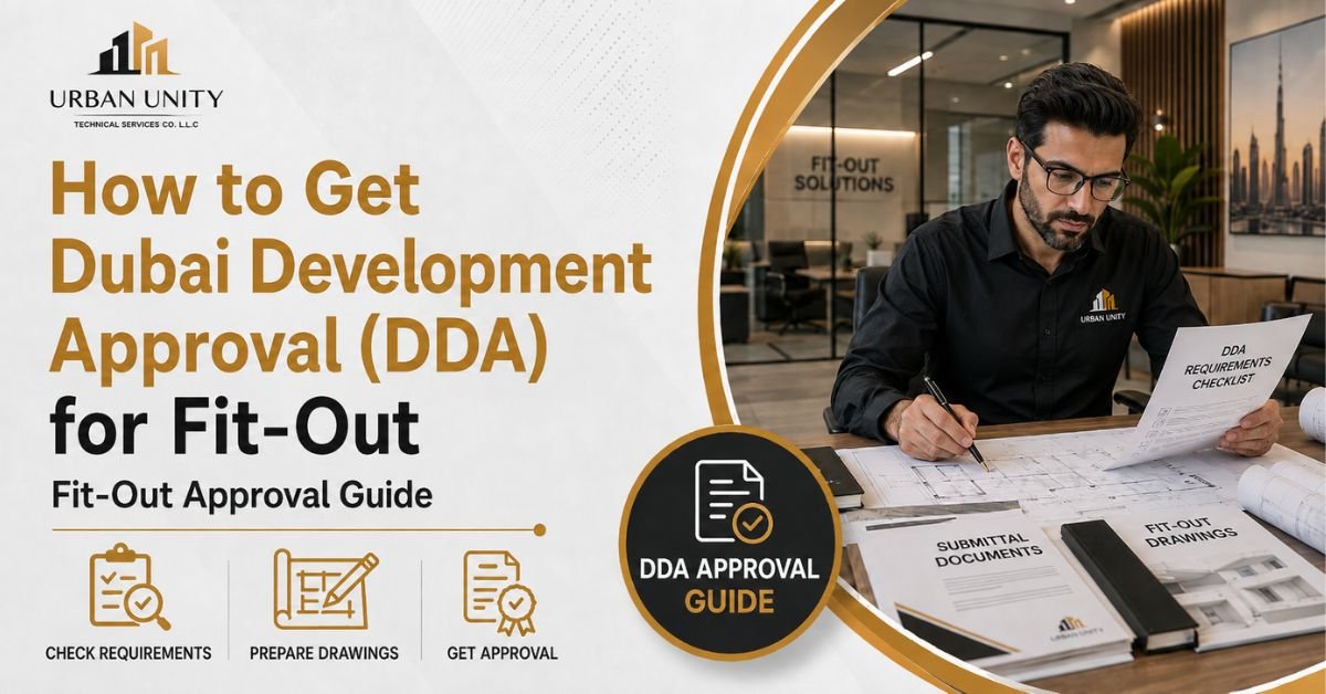 Dubai Development Approval (DDA) fit-out guide by Urban Unity showing drawings, requirements, and approval process.