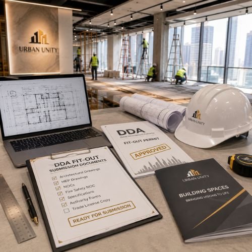 DDA approval drawings and fit-out documents being reviewed for a commercial project in Dubai.