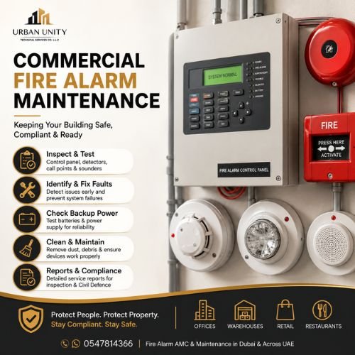 Commercial fire alarm maintenance checklist showing fire alarm control panel, detectors, manual call point, alarm bell, and AMC service steps for UAE buildings.