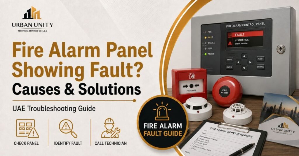 Fire alarm panel showing fault with alarm devices, detectors, service report, and troubleshooting checklist for UAE commercial buildings.