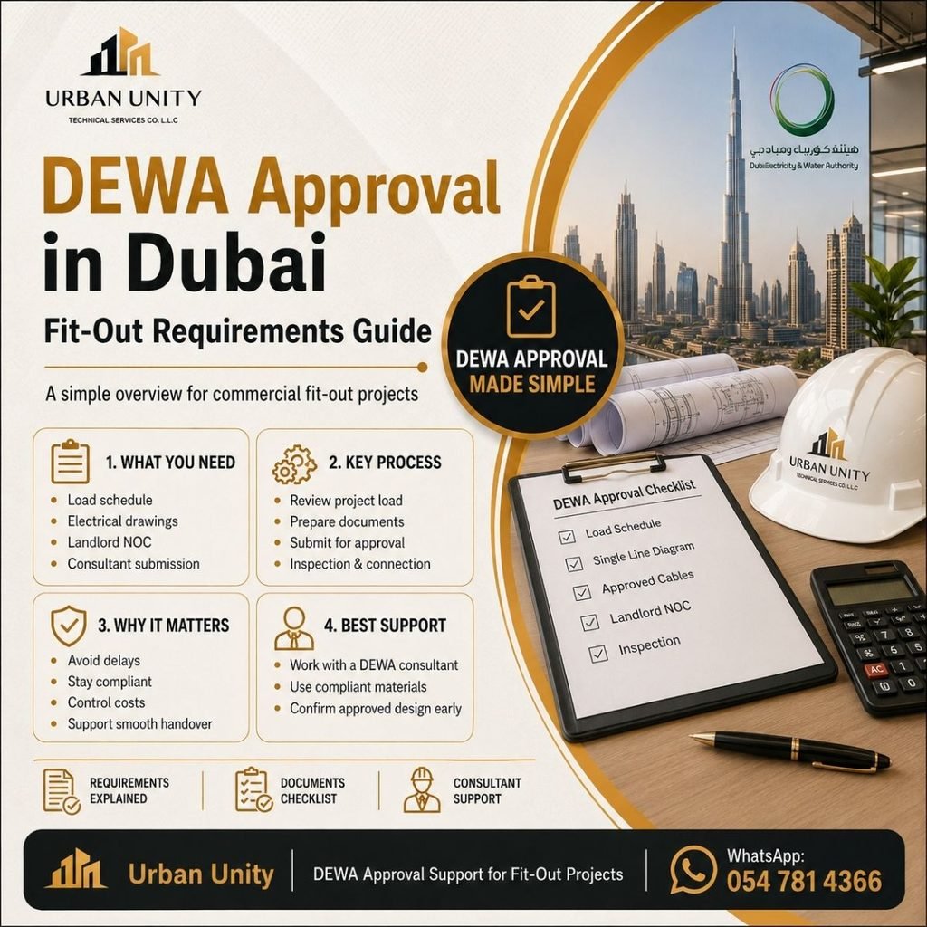 DEWA approval in Dubai fit-out requirements guide with electrical drawings, checklist and consultant support
