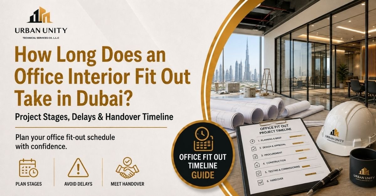 Office interior fit out timeline in Dubai showing project stages, delays, and handover planning