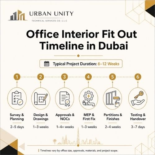 Office interior fit out timeline in Dubai showing project stages, delays, and handover planning