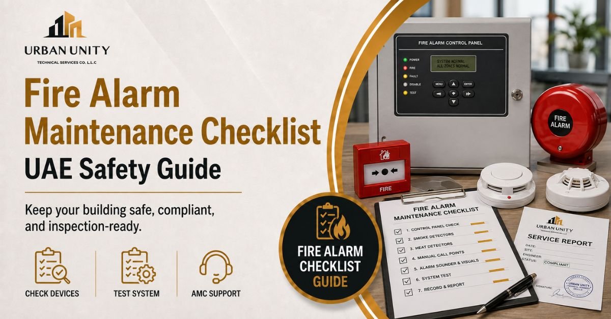 Fire alarm maintenance checklist for UAE buildings showing fire alarm panel, detectors, manual call point, alarm bell, AMC support, and service report.