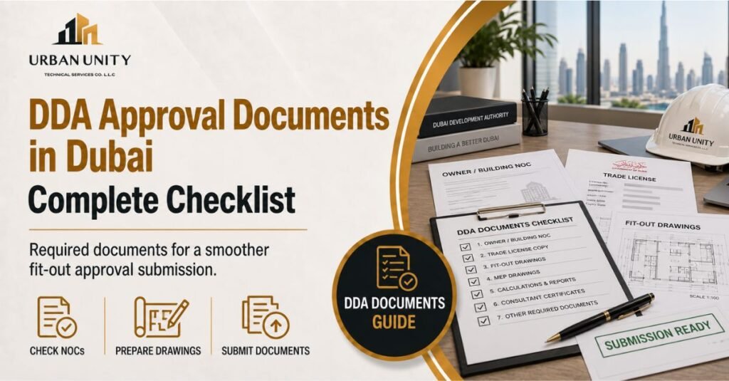 DDA approval documents in Dubai checklist showing NOCs, fit-out drawings, MEP drawings, trade licence, and submission documents.