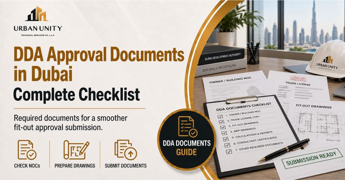DDA approval documents in Dubai checklist showing NOCs, fit-out drawings, MEP drawings, trade licence, and submission documents.