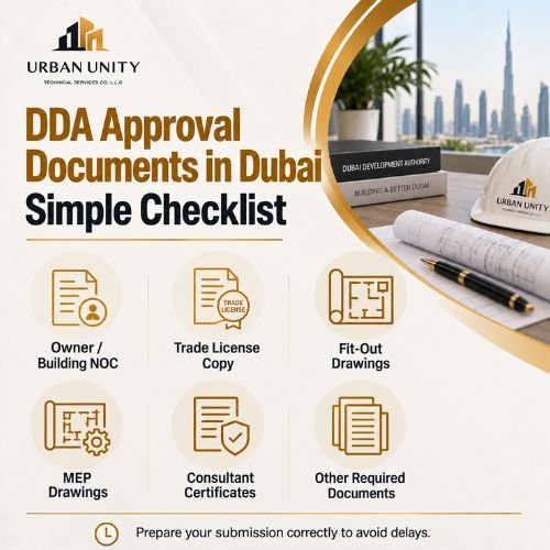 DDA approval documents in Dubai checklist showing NOCs, fit-out drawings, MEP drawings, trade licence, and submission documents.