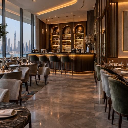 Luxury restaurant fit out in Dubai with premium interior finishes and dining area