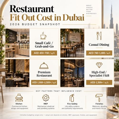 Restaurant fit out cost in Dubai 2026 showing café, casual dining, premium, and high-end cost ranges