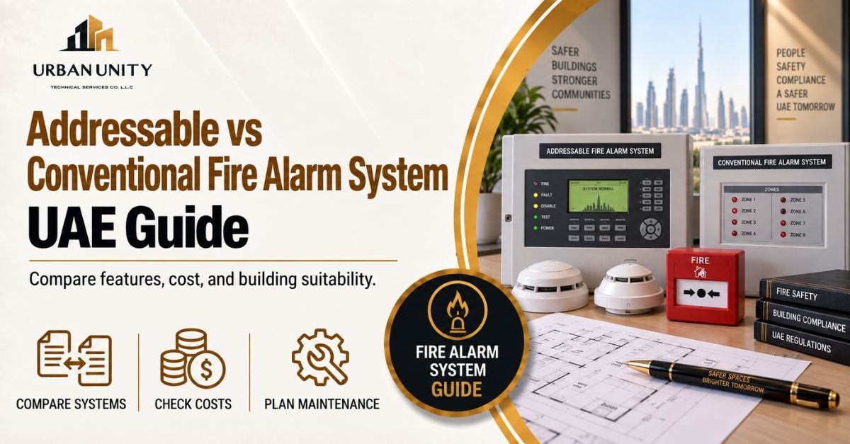 Addressable vs conventional fire alarm system comparison showing control panels, detectors, manual call point, fire safety plans, and UAE compliance guide.