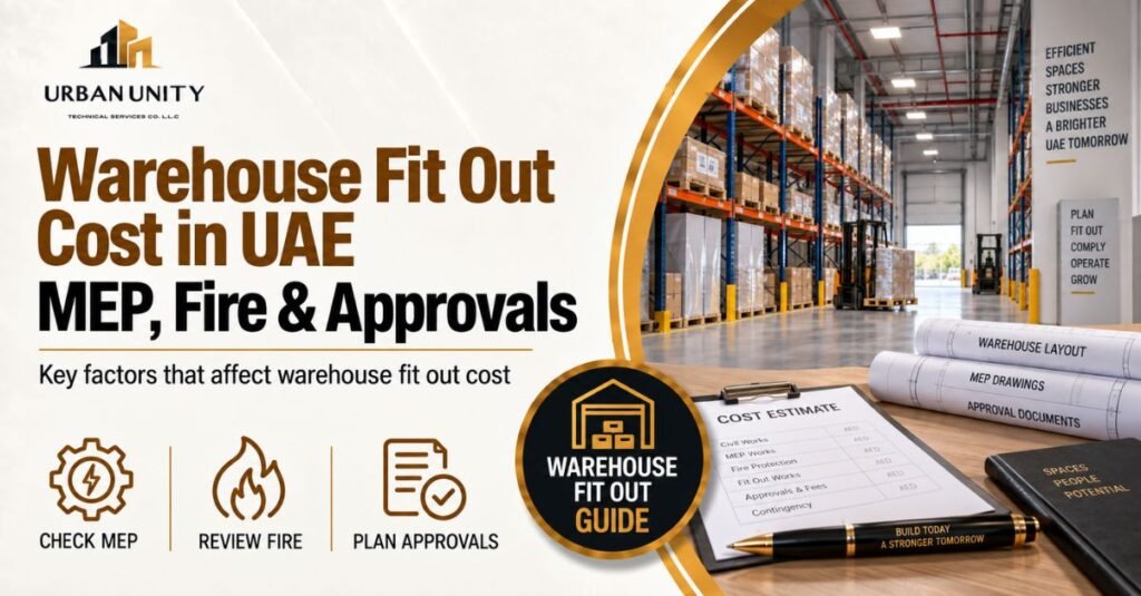 Warehouse fit out cost in UAE showing MEP, fire safety, approvals, and warehouse planning
