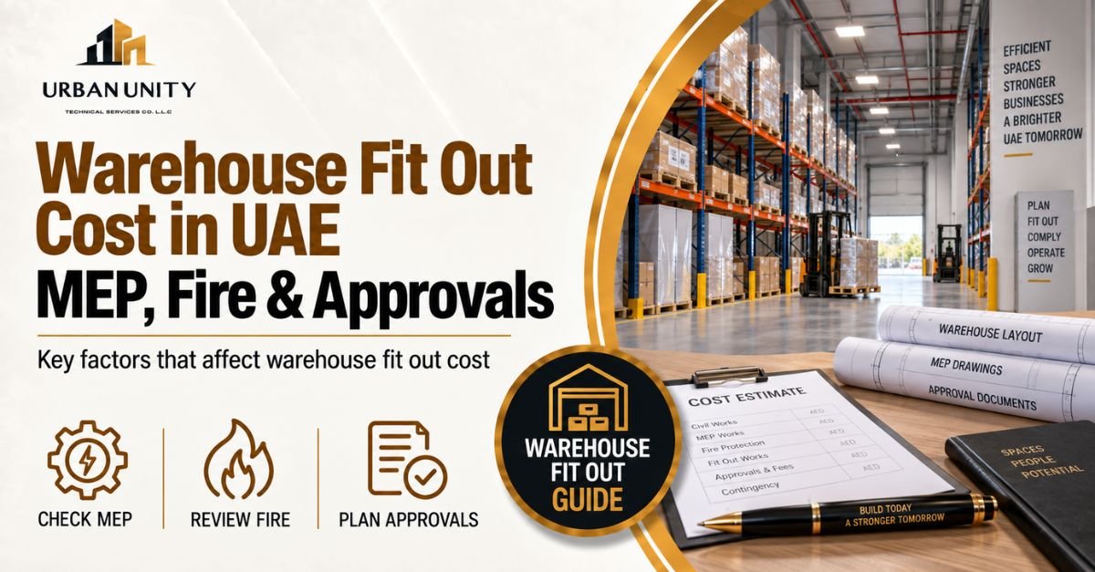 Warehouse fit out cost in UAE showing MEP, fire safety, approvals, and warehouse planning