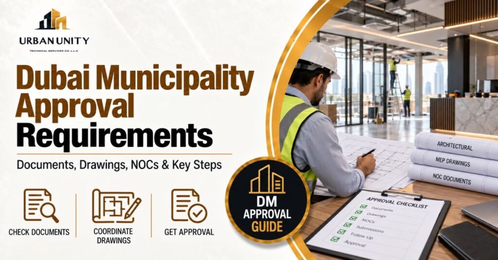 Engineer reviewing drawings and documents for Dubai Municipality approval requirements for a commercial fit-out project