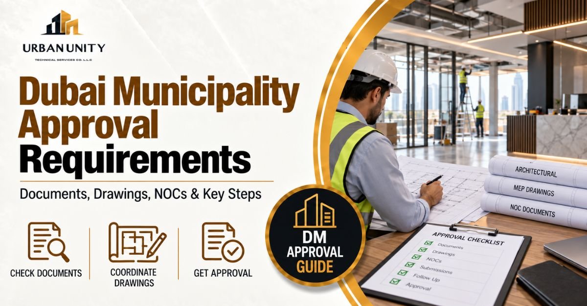 Engineer reviewing drawings and documents for Dubai Municipality approval requirements for a commercial fit-out project