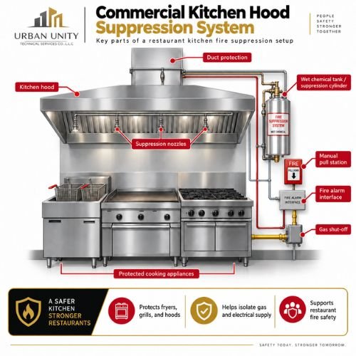 Restaurant fire fighting systems with commercial kitchen fire suppression in Dubai