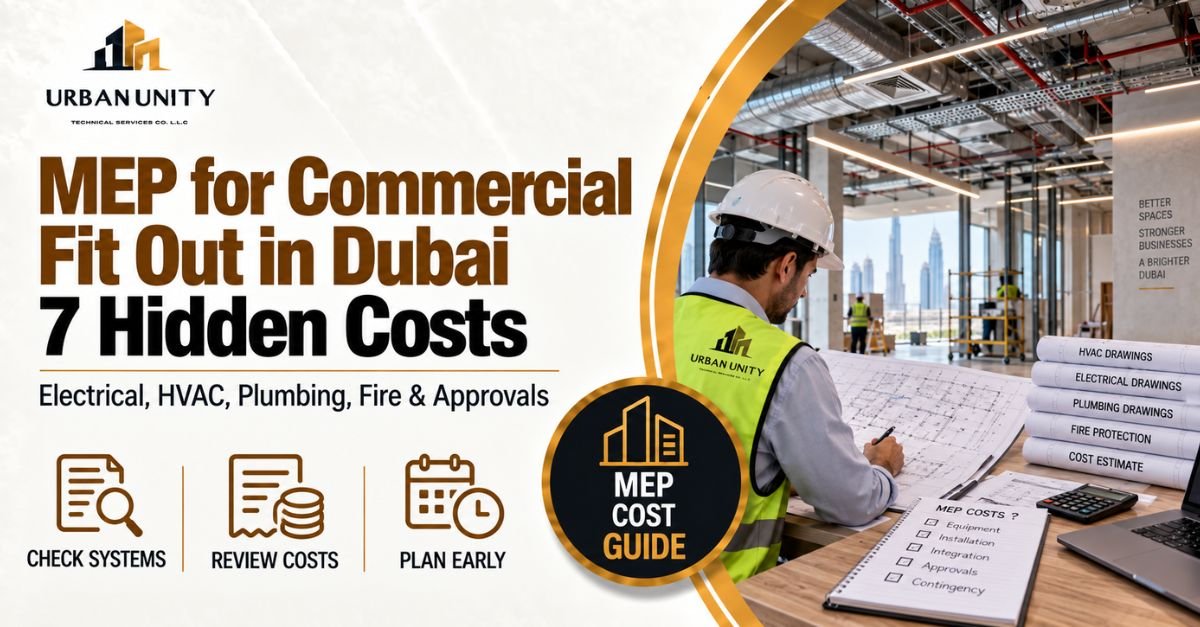 MEP for commercial fit out in Dubai showing electrical, HVAC, plumbing, fire safety, and hidden project costs.