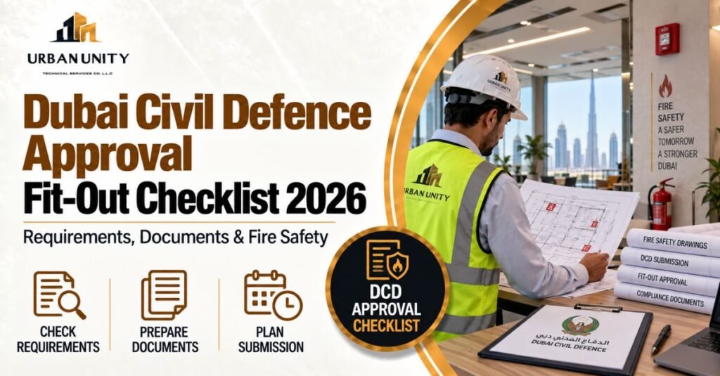 Dubai Civil Defence approval fit-out checklist showing fire safety drawings, compliance documents, and an Urban Unity engineer in Dubai