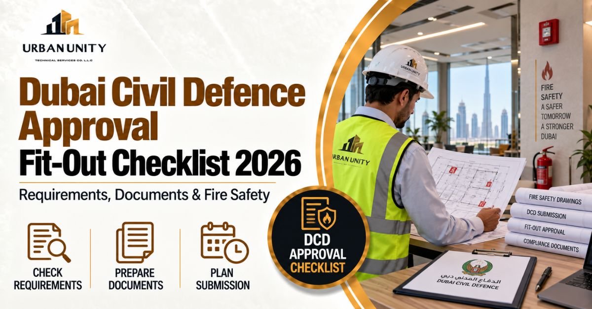 Dubai Civil Defence approval fit-out checklist showing fire safety drawings, compliance documents, and an Urban Unity engineer in Dubai