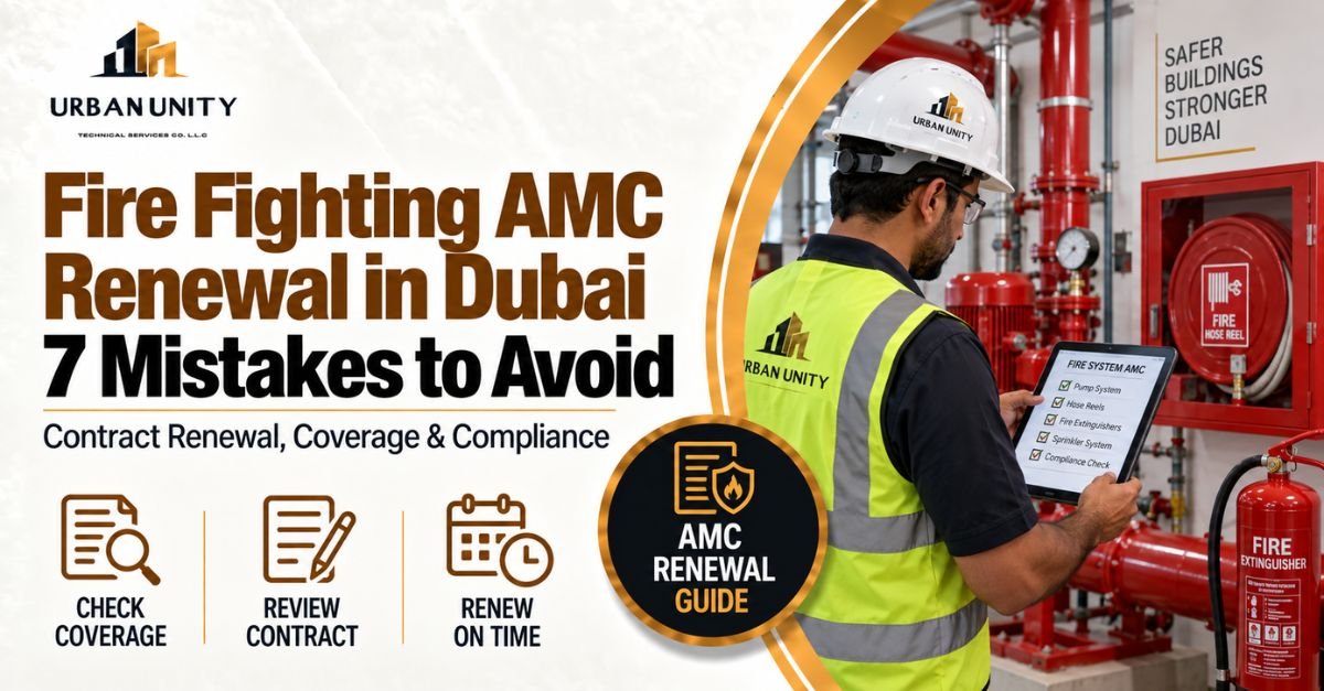 Fire fighting AMC renewal in Dubai – technician inspecting fire protection systems and reviewing maintenance records.