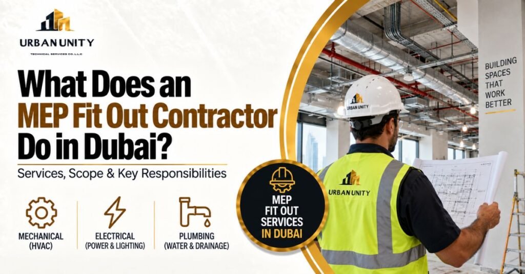MEP fit out contractor in Dubai reviewing technical drawings at a commercial construction site with exposed HVAC ductwork, electrical systems, and plumbing.