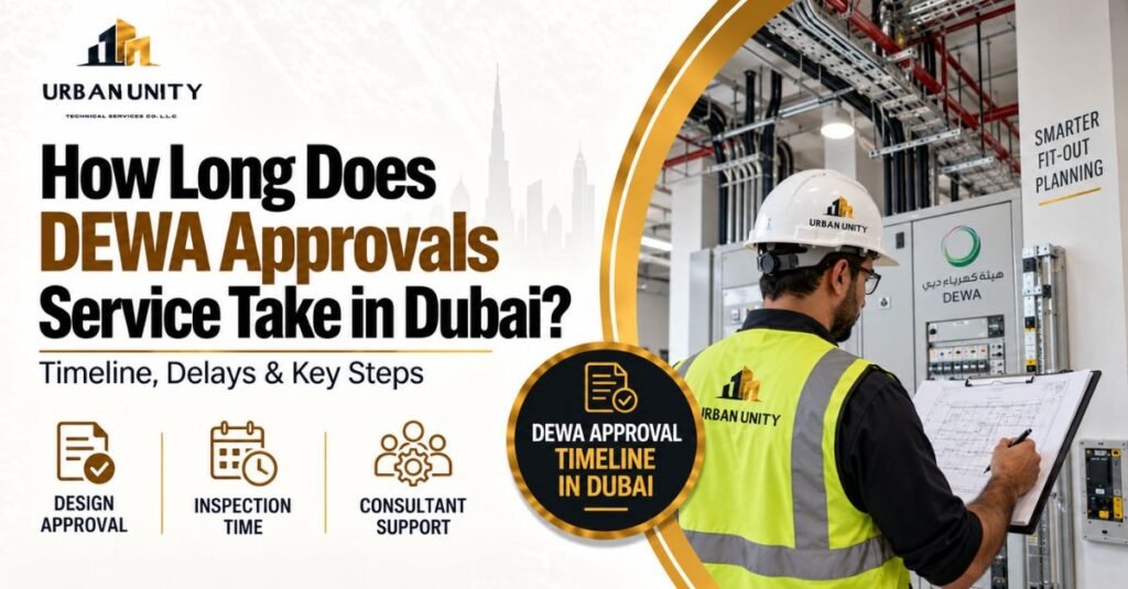 DEWA approvals service timeline in Dubai showing an electrical engineer reviewing drawings and inspection requirements for a commercial fit-out project.