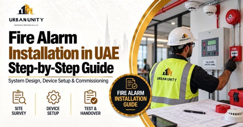Fire alarm installation in UAE showing technician testing fire alarm control panel, manual call point, detectors, drawings, and commissioning process.