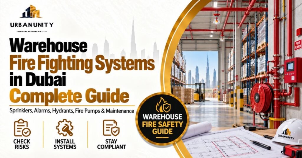 Warehouse fire fighting systems in Dubai with sprinklers, alarms, hydrants and fire pumps