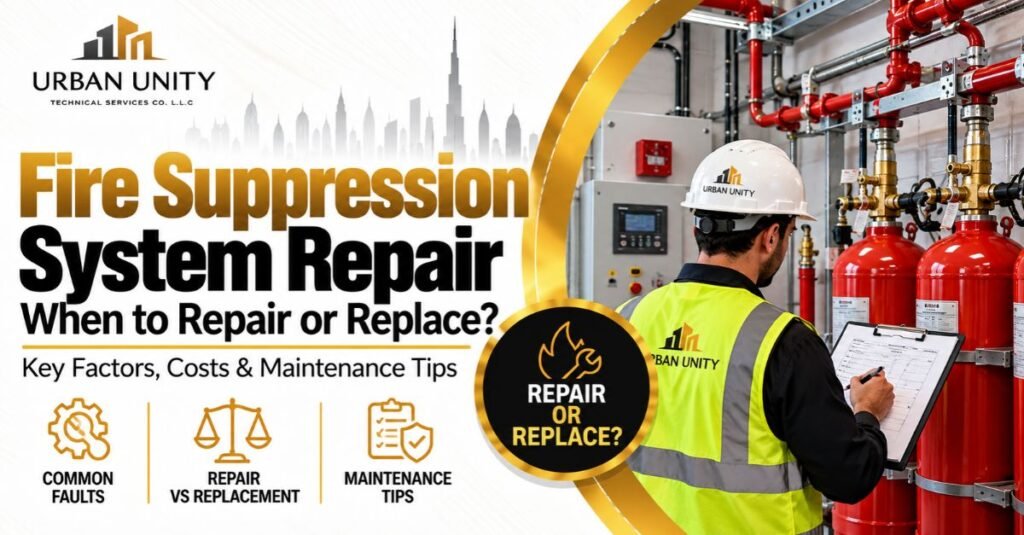 Fire suppression system repair in Dubai showing inspection, repair versus replacement, common faults, and maintenance.