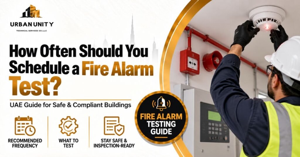 Fire alarm test in UAE showing technician testing smoke detector with fire alarm panel, manual call point, alarm bell, and testing guide for safe buildings.