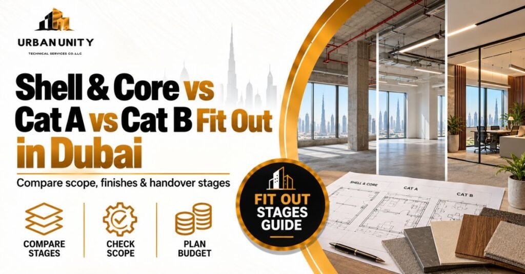 Shell & Core vs Cat A vs Cat B fit out in Dubai showing different stages of commercial interior completion.