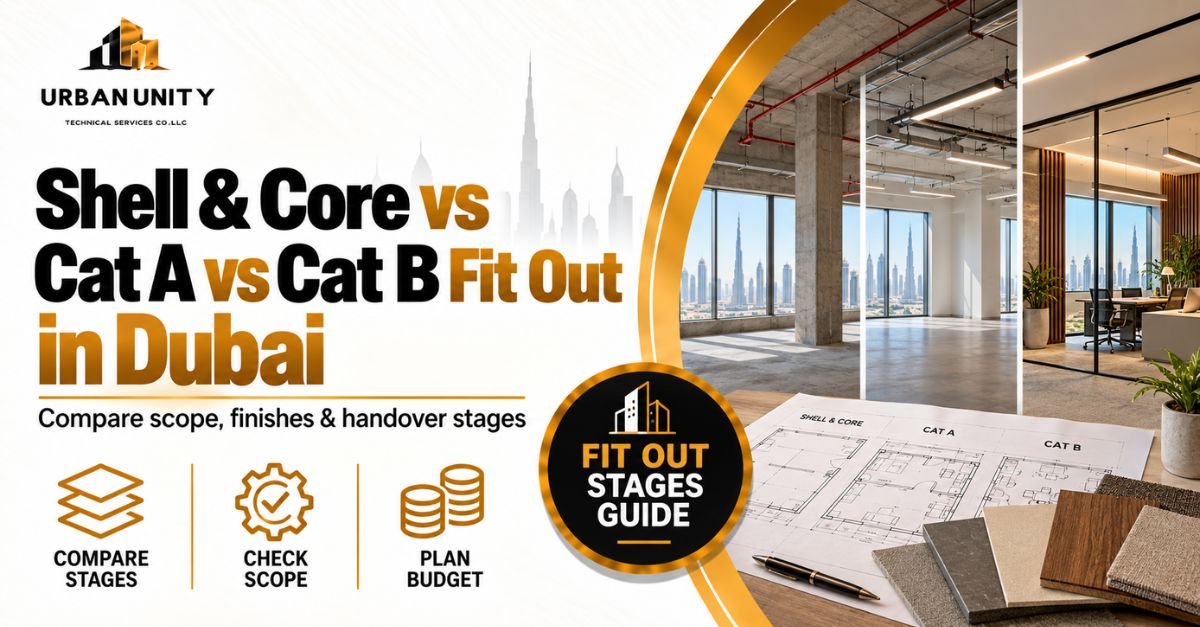 Shell & Core vs Cat A vs Cat B fit out in Dubai showing different stages of commercial interior completion.
