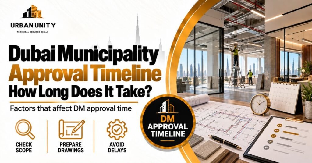 Dubai Municipality approval timeline guide showing fit-out drawings, project calendar and an office under construction in Dubai