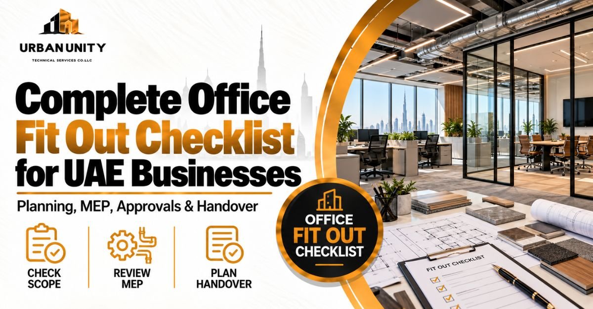 Complete office fit out checklist for UAE businesses covering planning, MEP, approvals, construction, and handover.