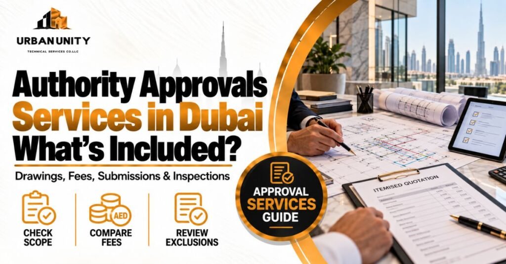 Urban Unity authority approvals services in Dubai thumbnail showing fit-out drawings, an itemised quotation and a document checklist.