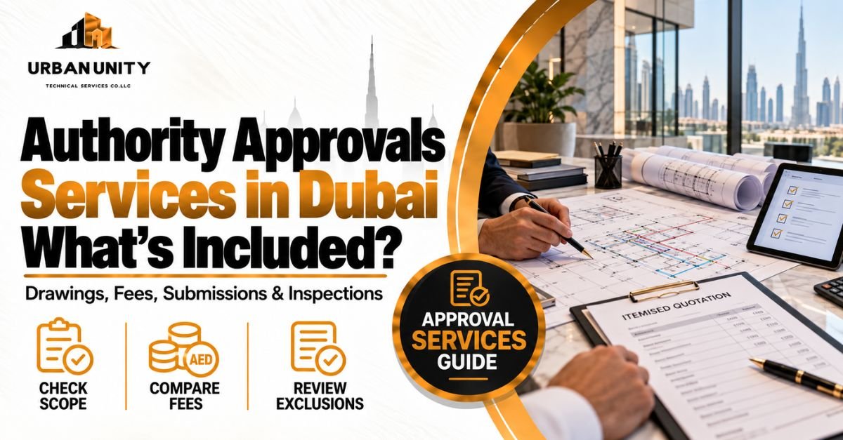 Urban Unity authority approvals services in Dubai thumbnail showing fit-out drawings, an itemised quotation and a document checklist.
