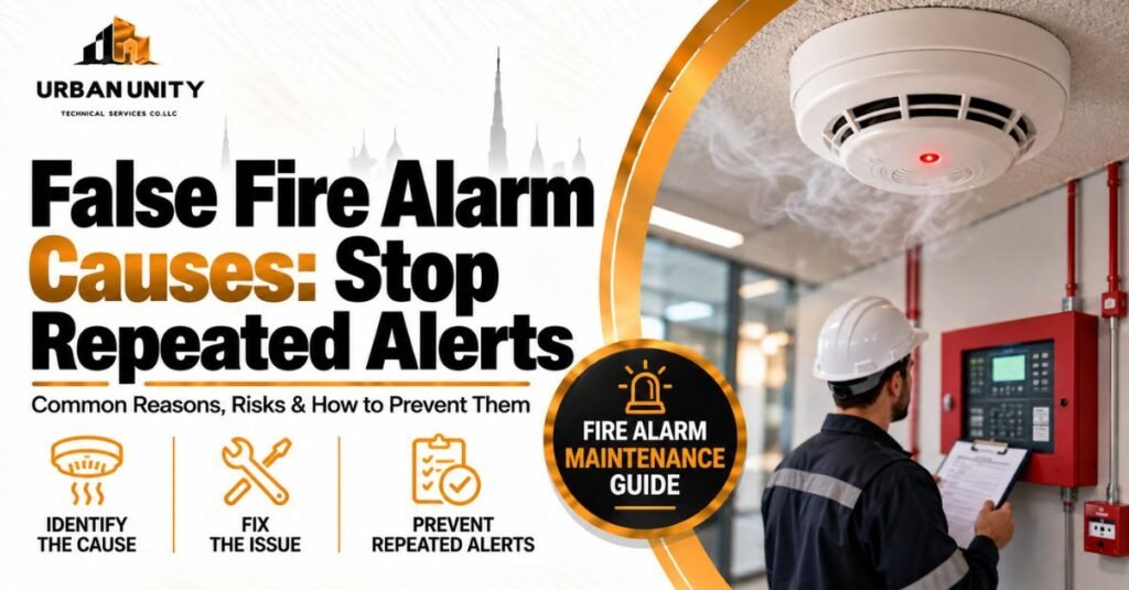 False fire alarm causes guide showing smoke detector false alarm, fire alarm control panel, technician inspection, and repeated alert prevention for UAE buildings.
