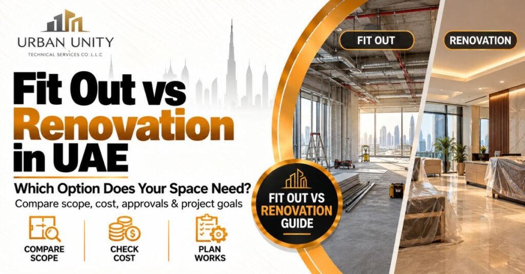 Fit Out vs Renovation in UAE showing the difference between a new commercial fit out and upgrading an existing interior space.