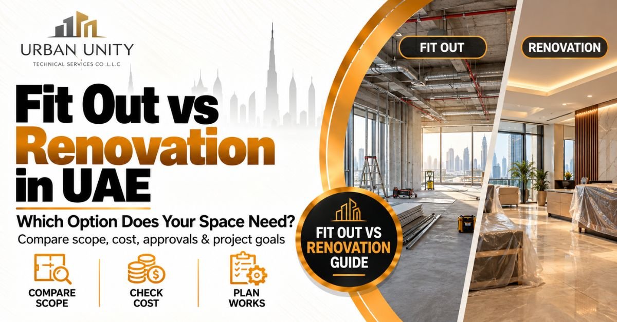 Fit Out vs Renovation in UAE showing the difference between a new commercial fit out and upgrading an existing interior space.