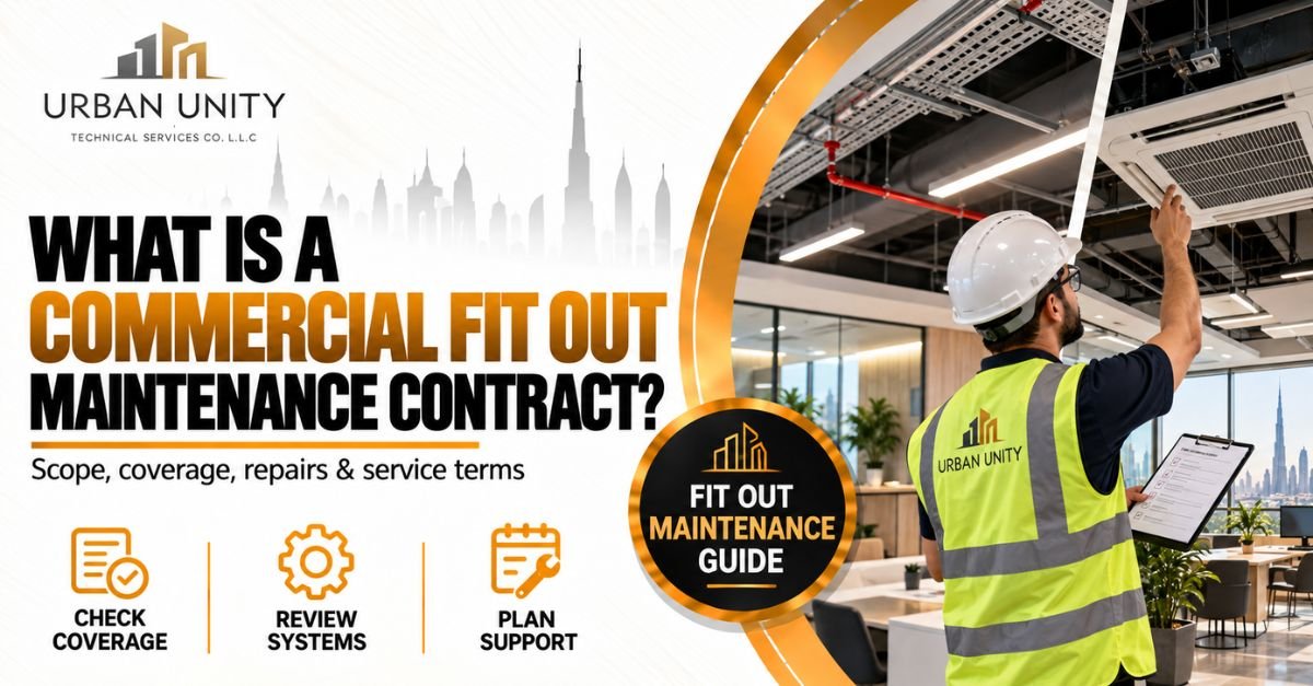 Commercial fit out maintenance contract in Dubai showing a technician inspecting HVAC and technical systems in a modern office.