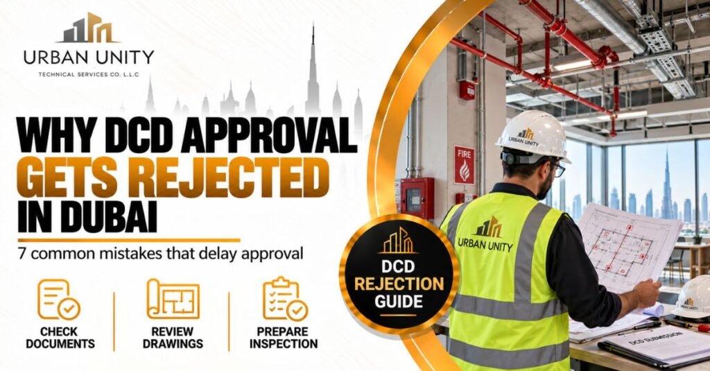 DCD approval process in Dubai showing common rejection mistakes, fire safety drawings, document checks, and inspection preparation