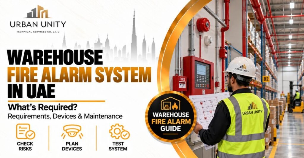Warehouse fire alarm system in UAE showing fire alarm control panel, detectors, safety equipment, and technician reviewing fire alarm installation plans inside a commercial warehouse.