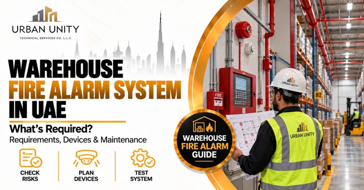 Warehouse fire alarm system in UAE showing fire alarm control panel, detectors, safety equipment, and technician reviewing fire alarm installation plans inside a commercial warehouse.