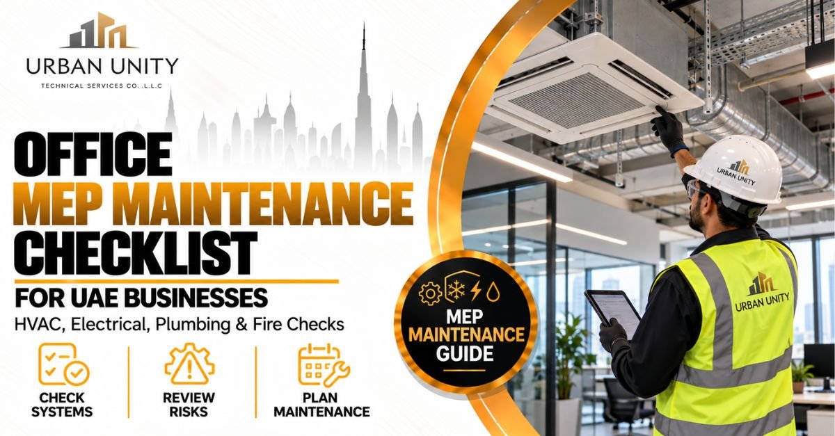 Office MEP maintenance checklist for UAE businesses showing HVAC, electrical, plumbing, and fire system inspections in a modern office.