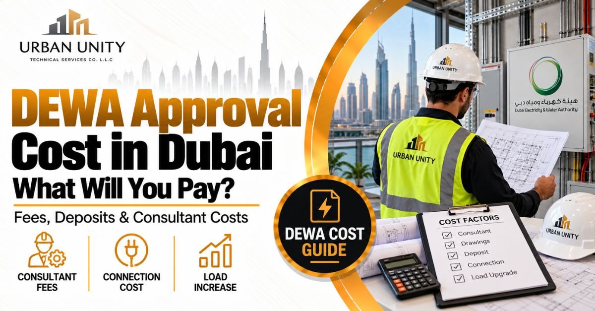 DEWA approval cost in Dubai showing consultant fees, connection costs, load increase, electrical drawings and fit-out planning